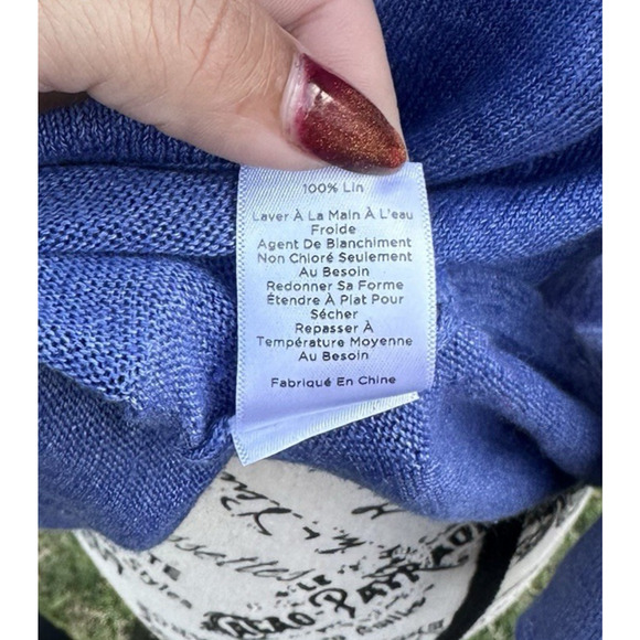 Talbots Knit Sweater Top 100% Linen Blue Tied 3/4 Sleeves Womens Sz M Minimalist - Picture 6 of 9